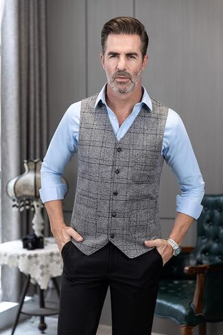 Mens Vintage Suit Vest Plaid Tweed Regular Fit Waistcoat for Wedding Groomsmen in Saudi Arabia