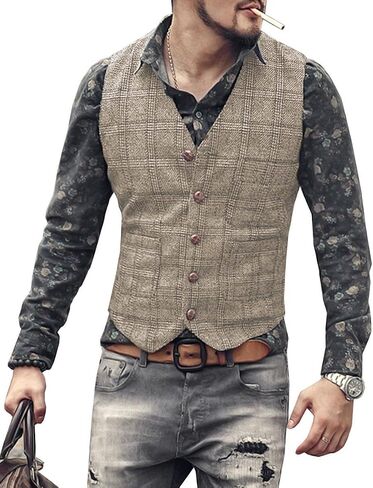 Mens Vintage Suit Vest Plaid Tweed Regular Fit Waistcoat for Wedding Groomsmen in Saudi Arabia