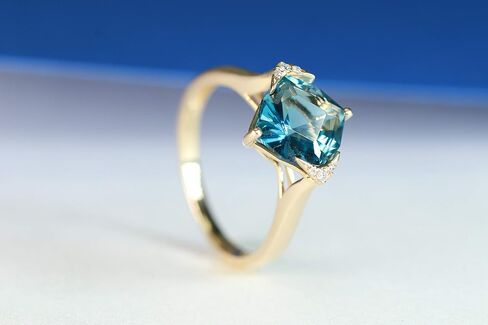 Gin & Grace 14K Yellow Gold Genuine London Blue Topaz Ring with Diamonds for women | Ethically, authentically & organically sourced (Cushion -cut) shaped London Blue Topaz hand-crafted jewelry for her | London Blue Topaz Ring for women in Saudi Arabia