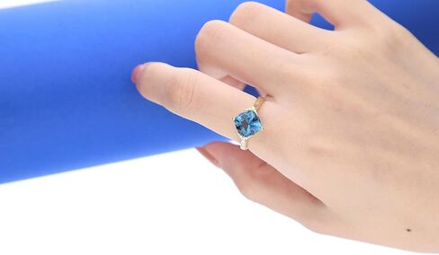 Gin & Grace 14K Yellow Gold Genuine London Blue Topaz Ring with Diamonds for women | Ethically, authentically & organically sourced (Cushion -cut) shaped London Blue Topaz hand-crafted jewelry for her | London Blue Topaz Ring for women in Saudi Arabia