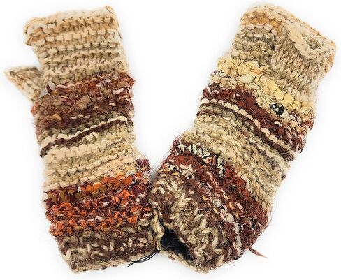 Hand Knit Wool Fingerless Texting Gloves or Mittens Fleece Lined Made in Nepal in Saudi Arabia