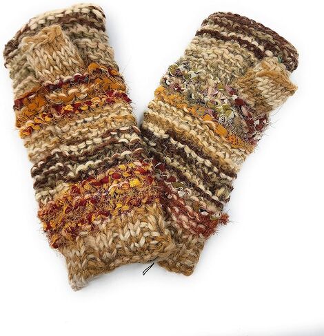 Hand Knit Wool Fingerless Texting Gloves or Mittens Fleece Lined Made in Nepal in Saudi Arabia