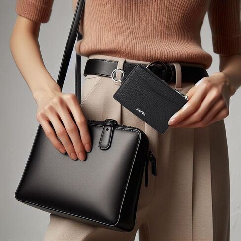 HIMODA Slim Wallet for Women & Men, Real Leather Credit Card Holder with Keychain, Small Front Pocket Wallets, Thin Black Card case with Coin Pouch, Minimalist & Compact in Saudi Arabia