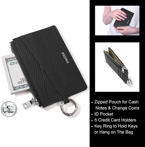 HIMODA Slim Wallet for Women & Men, Real Leather Credit Card Holder with Keychain, Small Front Pocket Wallets, Thin Black Card case with Coin Pouch, Minimalist & Compact in Saudi Arabia