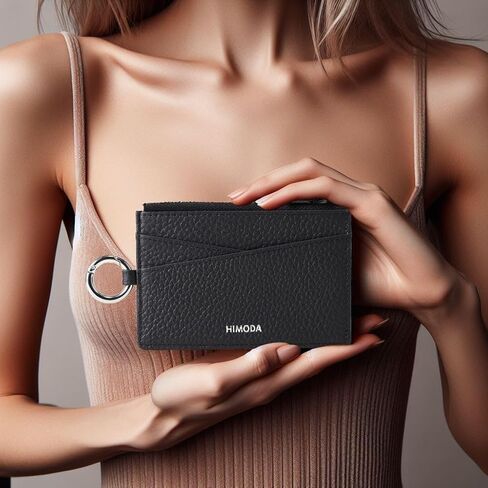 HIMODA Slim Wallet for Women & Men, Real Leather Credit Card Holder with Keychain, Small Front Pocket Wallets, Thin Black Card case with Coin Pouch, Minimalist & Compact in Saudi Arabia