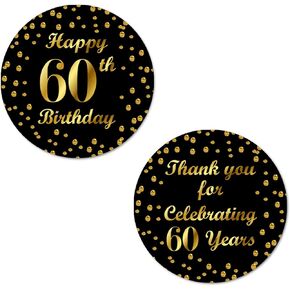 60th Birthday Round 2 Inch Big Glossy Stickers, Thank You for Celebrating 60 Years Black and Gold Labels, Great for Party Favors, Decorations, Tags, Gift Bags and Supplies. Made in USA