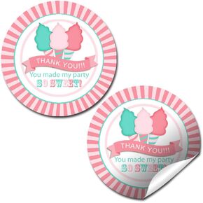 Cotton Candy Sweet Celebration Themed Birthday Thank You Sticker Labels for Kids, 40 2" Party Circle Stickers by AmandaCreation, Great for Party Favors, Envelope Seals & Goodie Bags