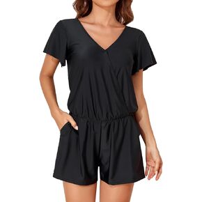 Smismivo Swim Romper with Built in Bra and Pockets One Piece Swimsuit Shorts Modest Bathing Suit for Women