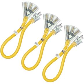 DEWENWILS 2 FT 12/3 Gauge Indoor/Outdoor Tri-Tap Extension Cord Splitter, SJTW 15 Amp Yellow Outer Jacket Contractor Grade Heavy Duty Power Cable with LED Lighted Plug, UL Listed, Pack of 3
