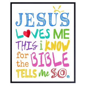Religious Christian Kids Room Decor for Girls, Boys, Toddler Bedroom - Cute Baby Shower Gift - Jesus Loves Me Bible Verse Wall Art Print - 8x10 Poster Picture