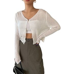 Floerns Women's Ribbed Knit Long Sleeve Button Front V Neck Cardigan Crop Top