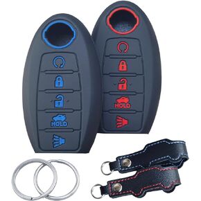 2Pcs 5 Buttons Silicone Smart Remote Key Fob Cover for 2011-2021 2022 Nissan Armada Murano Rogue Maxima Altima Pathfinder 285E3-3TP5A KR5S180144014 Black with (Red Blue)