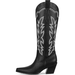Erocalli Women's Cowboy Boots Cowgirl Boots White Knee High Boots Embroidered Chunky Block Heel Pointed Toes Side Zipper Western Boots