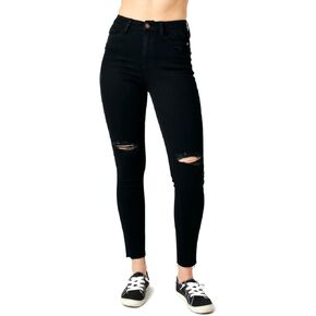 Judy Blue Women's Black Distressed Raw Hem High Rise Ankle Skinny Jeans