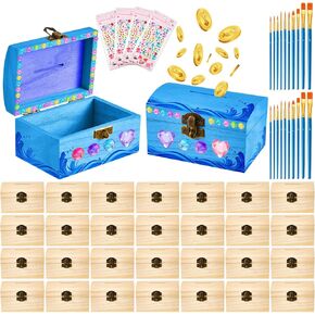 Unfinished Wood Treasure Chest Box Savings 4.72 x 3 x 3.23 Inch Treasure Chest Box Unpainted DIY with Paint Brushes and Craft Gems Self Adhesive Rhinestones Stickers (24 Pcs)
