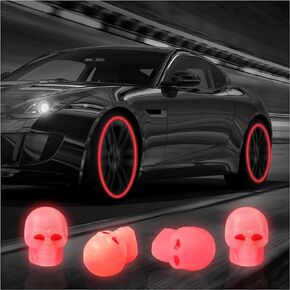 4pcs Universal Fluorescent Car Tire Valve Caps, Luminous Skull Tire Air Valves Stem Caps, Glow in The Dark Tire Valve Caps, Suitable for Most Cars, Motorcycles, SUV, Trucks, and Bicycles (blue/Red)
