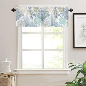 Coastal Gray Coral Valances for Windows/Kitchen/Living Room/Bathroom Decor, Ocean Beach Valance Curtains with Rod Pocket, Summer Nautical Seashell Starfish Short Window Treatment Curtain 54"Wx18"L