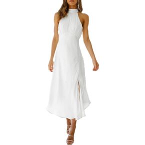 Summer Halter Neck Slit Cocktail Midi Dress 2023 Sexy Cut Out Elegant High Neck Long Dresses for Women Wedding Guest