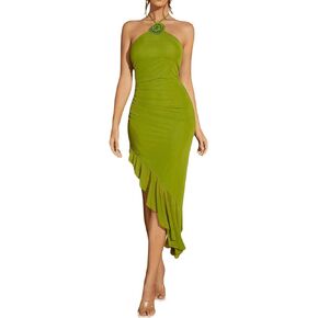 Milumia Women's 3D Floral Tie Back Halter Dress Ruffle Split Hem Bodycon Long Dresses