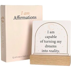 Affirmation Cards - Paper Manifestation “I Am" Positive Affirmations Cards w/ Wooden Display Stand - Inspirational Cards with Soothing Colors to Display on Vision Boards - Giftable Positive Cards