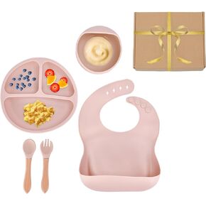 Silicone Baby Feeding Set - Toddler Led Weaning Supplies - Kids Plate, Bowl, Spoon and Fork Set with Wooden Handle - Feeding Set For Infants - Baby Utensils Set 3.14x7.8x5.9" (Cream)