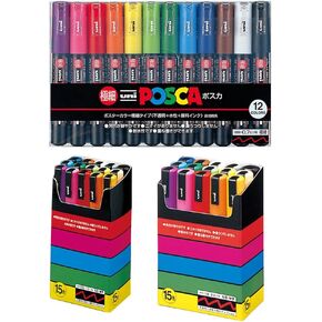 Uni-posca Paint Marker Pen BUNDLE SET , Mitsubishi Pencil Uni Posca Poster Colour Marking Pens Extra Fine Point 12 Colours , Fine 15 Colors , Medium 15 Color - Japan Import