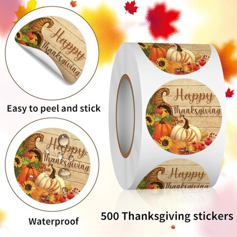 Heyfibro 500Pcs Thanksgiving Stickers, 1.5" Harvest Pumpkin Round Label Stickers for Kids, Funny Fall Sticker Roll for Sealing, Packing & Parties（Pumpkin and Maple Leaf in Kuwait