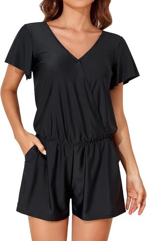 Smismivo Swim Romper with Built in Bra and Pockets One Piece Swimsuit Shorts Modest Bathing Suit for Women in Saudi Arabia