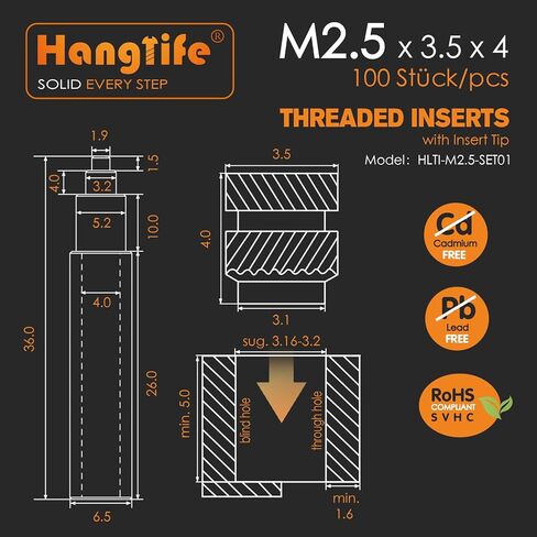 M2.5 حشوات مترابطة بالحرارة مع طرف إدراج، إدراج مجموعة الحرارة لمكونات الطباعة ثلاثية الأبعاد والأجزاء البلاستيكية مع أداة ضغط مكواة اللحام - صواميل مخرشة نحاسية مترية (100 قطعة) in Kuwait