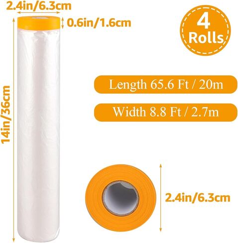 4 Rolls 8.8 x 65 Feet Plastic Sheeting Pre-Taped Masking Film Drop Cloth for Painting, Automotive Covering and Appliance Protection in Kuwait
