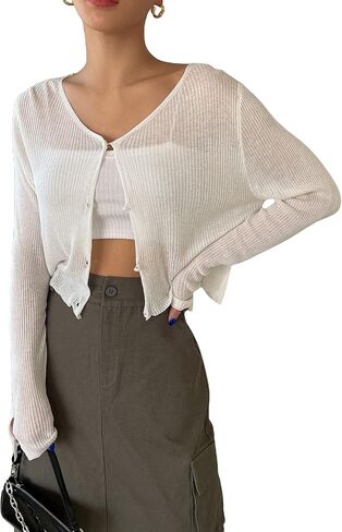 Floerns Women's Ribbed Knit Long Sleeve Button Front V Neck Cardigan Crop Top in Saudi Arabia