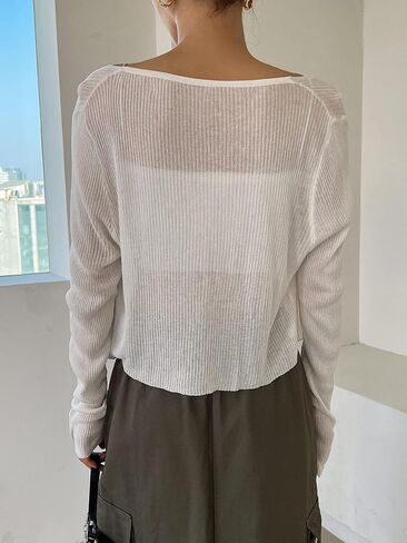 Floerns Women's Ribbed Knit Long Sleeve Button Front V Neck Cardigan Crop Top in Saudi Arabia