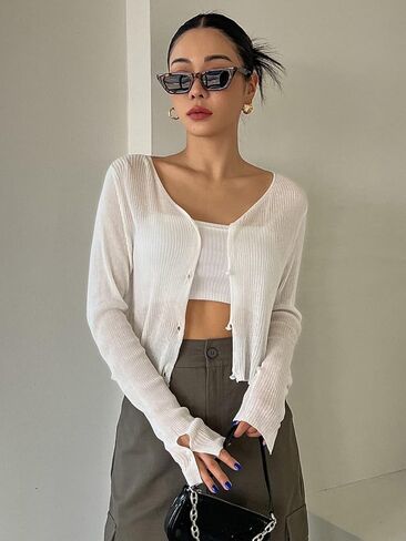Floerns Women's Ribbed Knit Long Sleeve Button Front V Neck Cardigan Crop Top in Saudi Arabia