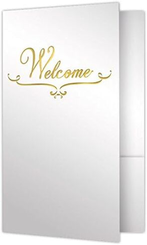 LUXPaper 6" x 9" Small Welcome Folders | Two Pocket | Bright White Gloss | Gold Foil Flourish | 12pt. Cover | 25 Qty in Saudi Arabia
