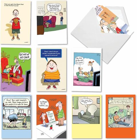 NobleWorks - 10 بطاقات تهنئة ممتعة لعيد الأب السعيد مع مظروف للأب، والأب، والبوب، والأب، وزوج الأم - حزمة مضحكة للأب الغريبة، رسوم كاريكاتورية رائعة عتيقة - نكت الأب AC9182FDG-B1x10 in Kuwait