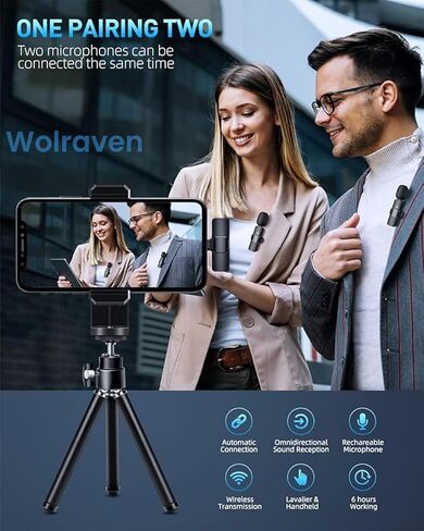 Wireless Microphone for iPhone 15 Series,iPad,Android, USB-C Wireless Clip-on Microphones for iPhone Video Recording, Interview, TikTok, YouTube (2 Pack) in Saudi Arabia