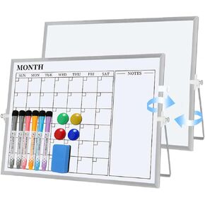 Dry Erase White Board, 16 x 12 inches Double-Sided Magnetic Monthly Dry Erase Whiteboard Calendar Planner with Stand, Portable Desktop Calendar Whiteboard for Kitchen, School, Home, Office