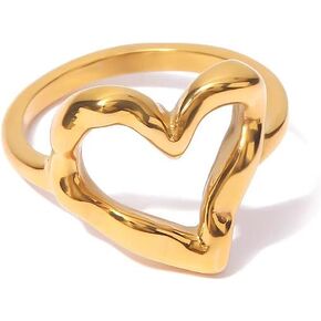 Gold Heart Ring for Women Girls Simple Promise Wedding Band Rings 18K Gold Filled Stainless Steel Hypoallergenic Jewelry Birthday Valentine's Day Dainty Trendy Gifts