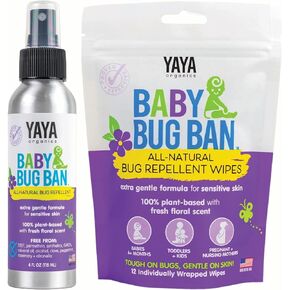 YAYA ORGANICS Baby Bug Ban Spray + Wipe Bundle - All-Natural Repellent Made with Essential Oils for Babies, Little Kids and Sensitive Skin (4 Ounce Spray + 12-Pack Wipe)