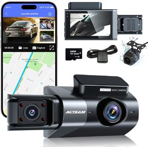 كاميرا قياس 3 قنوات - نظام تحديد المواقع العالمي واي فاي مدمج، 2K+1080P+1080P أمامي وخلفي داخلي، مع بطاقة SD سعة 64 جيجابايت، وشاشة LCD 3 بوصات رؤية ليلية بالأشعة تحت الحمراء، ومستشعر G، ووضع انتظار السيارات، وتسجيل حلقة، وكاميرا داش للسيارات مع التطبيق in Kuwait