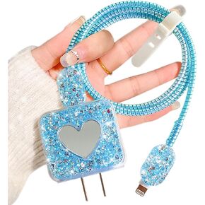 Glitter DIY Cable Protector Compatible for Apple iPhone Power Adapter with Mirror,Cute Bling Love Heart Design,Data Line USB Case Wire Cable Saver Phone Charger Protector for iPhone (Silver)