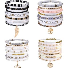 28pcs Boho Bracelets, Y2K Preppy Bracelets Clay Beads Aesthetic Handmade Charm Boho Disc Heishi Beaded Stretch Bracelet Cute Summer Beach Jewelry for Women Teen Girls