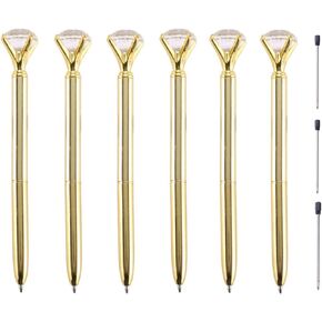 Onwon 6 Pieces Big Crystal Diamond Pens Gold Metal Ballpoint Pens & 3 Pieces Ballpoint Pen Refills in Black Ink