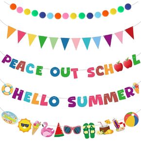 5 Pcs End of School Year Party Decorations Peace out School Banner Hello Summer Party Decorations Last Day of School Summer Party Decoration for Summer Vacation Decorations