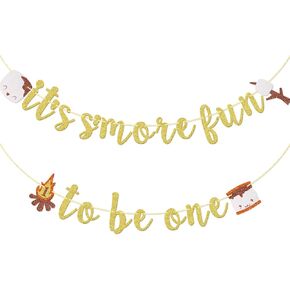 It’s S’more Fun to Be One Banner, Camping Themed 1st Birthday Banner, S'mores Birthday Banner for Baby Boy and Girl, One Happy Camper, Outdoor Camping Birthday Decorations (Gold Glitter)