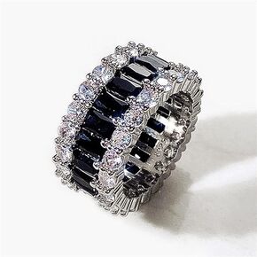 Charming 925 Silver Full Diamond Ring Shiny Black Onyx Ring Square Cut Cubic Zirconia Promise Rings CZ Black Gem Cocktail Rings Eternity Engagement Wedding Band Ring for Women F068 (6)