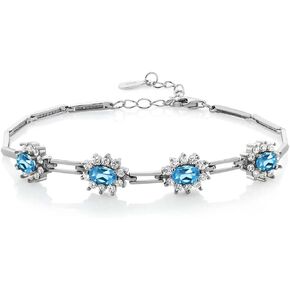 Gem Stone King 925 Sterling Silver Swiss Blue Topaz Tennis Bracelet For Women (4.20 Cttw, Gemstone Birthstone, Oval 6X4MM, 7 Inch with 1 Inch Extender)