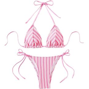 Women's Striped Printed Bathing Suit Colorblock Textured Pattern Swimsuit Bikini Set