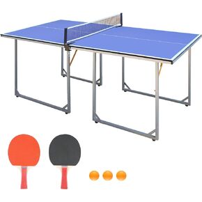 Mid-Size Table Tennis Table, 6’ x 3’ Table Tennis Game Set with Net, 2 Table Tennis Paddles & 3 Ping Pong Balls, Foldable Ping Pong Table for Indoor/Outdoor Games, Portable Table T