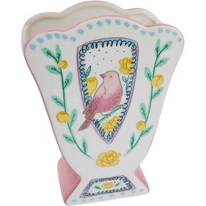 Creative Co-Op Ceramic Fan Shaped Painted Bird Design, Multicolor Vase, Multi